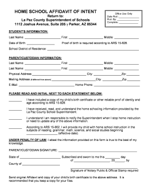 Arizona Home School Affidavit of Intent