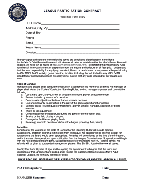 Men's Senior Baseball League Participation Contract