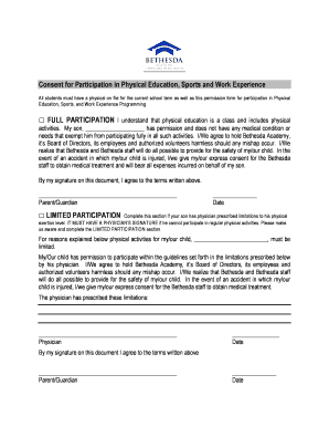 Consent for Participation in Physical Education, Sports and Work Experience