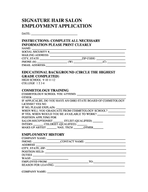 Signature Hair Salon Employment Application