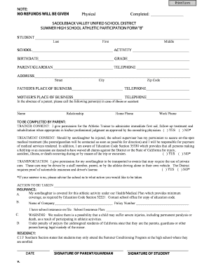 Summer High School Athletic Participation Form