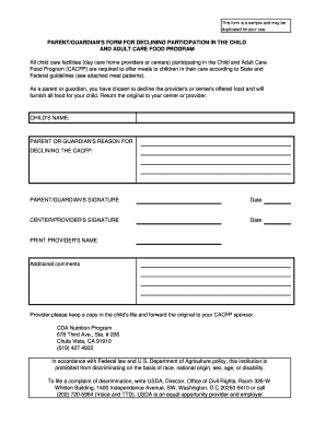 Parent Guardian Form for Declining CACFP Participation