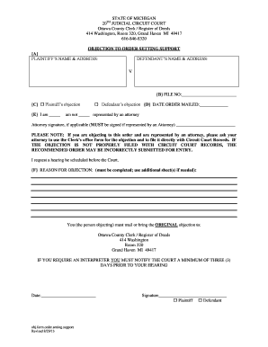 Michigan Objection to Order Setting Support