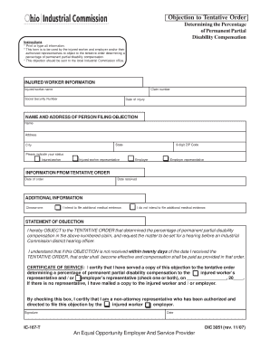 Objection to Tentative Order for Permanent Partial Disability