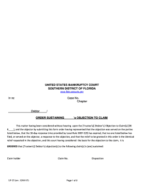 US Bankruptcy Court Objection to Claim Order
