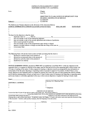 Bankruptcy Objection to Claim Form