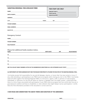Saratoga Regional YMCA Release Form
