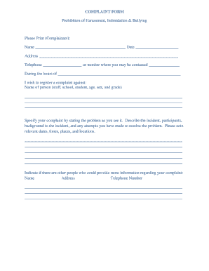 Complaint Form for Harassment, Intimidation, and Bullying