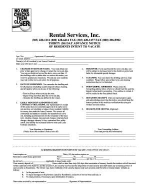 Thirty Day Advance Notice of Resident's Intent to Vacate