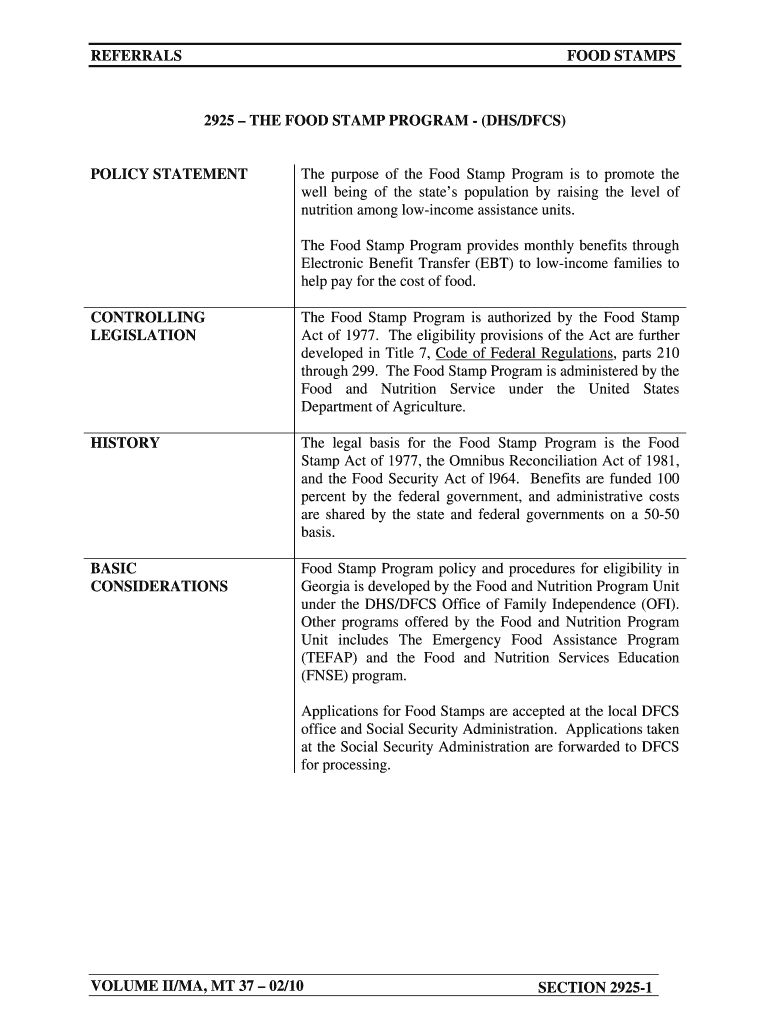 Fillable Online 2925 THE FOOD STAMP PROGRAM (DHS/DFCS) Fax Email
