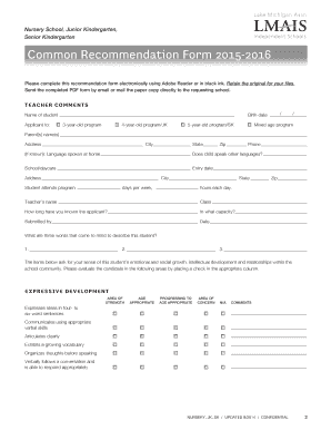 LMAIS Nursery to Kindergarten Recommendation Form