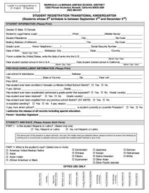 Student Registration Form for Transitional Kindergarten