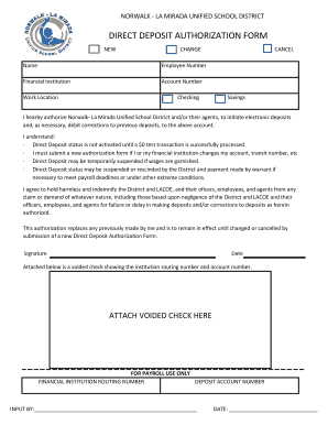 Norwalk-La Mirada Direct Deposit Authorization Form