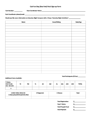 Cub Fun Day Pack Sign-up Form