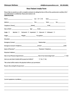 New Patient Intake Form for Acupuncture