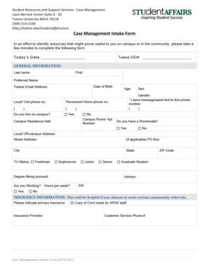 Tulane University Case Management Intake Form