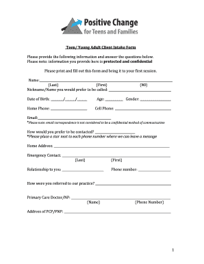 Teen/Young Adult Client Intake Form