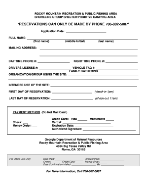 Georgia Shoreline Group Shelter Camping Reservation Form