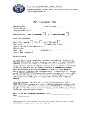 Pegasus Restaurant Party Reservation Form