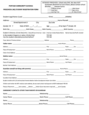 Preschool Student Registration Form