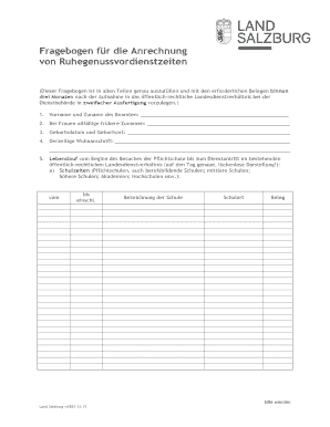 Fragebogen für die Anrechnung von Ruhegenussvordienstzeiten