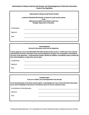 Authorization to Release Social Security Number and Electronic Information Access Agreement