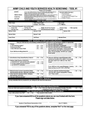Army Child and Youth Services Health Screening Form