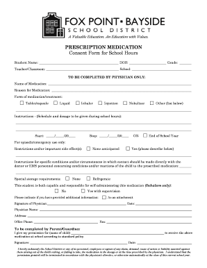 Prescription Medication Consent Form for School Hours