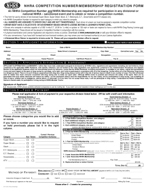 NHRA Competition Number Membership Registration Form