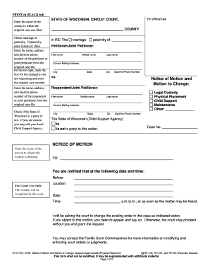Wisconsin Motion to Change Support/Legal Custody/Physical Placement