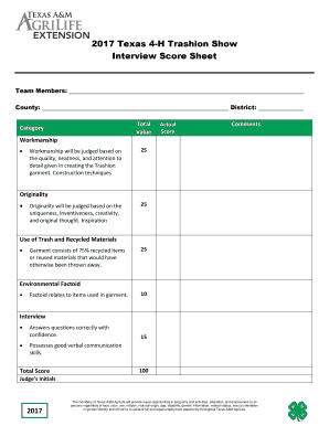 Texas 4-H Trashion Show Interview Score Sheet