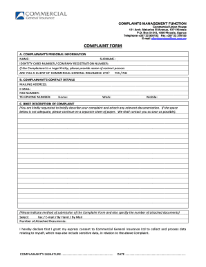 Commercial General Insurance Complaint Form