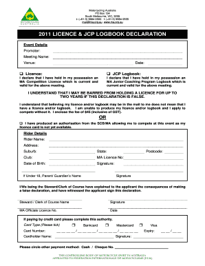 Motorcycling Australia Licence and JCP Logbook Declaration