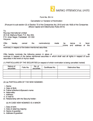 SH-14 Form - Cancellation or Variation of Nomination