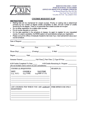 Baruch College Course Request Slip