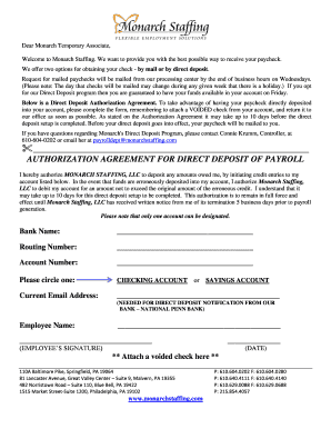 Monarch Staffing Direct Deposit Authorization