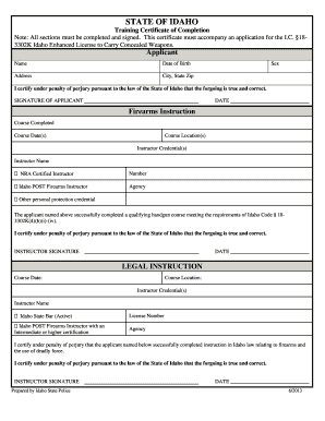 Idaho Enhanced License to Carry Concealed Weapons Training Certificate