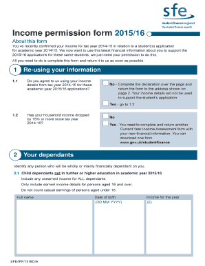 Student Finance Income Permission Form 2015/16