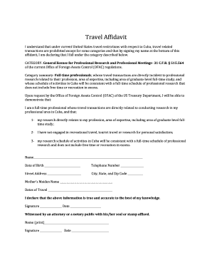 US Travel Affidavit for Cuba