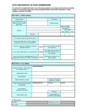Oxfordshire Secondary In-Year Admission Form