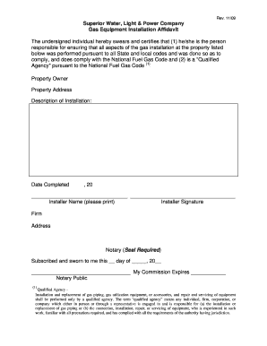 Gas Equipment Installation Affidavit