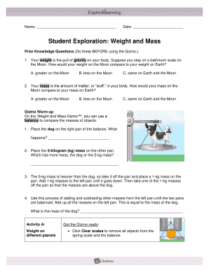 Student Exploration: Weight and Mass Worksheet