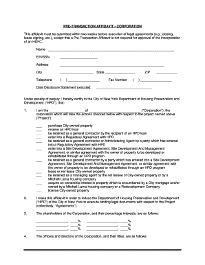 PRE-TRANSACTION AFFIDAVIT - CORPORATION