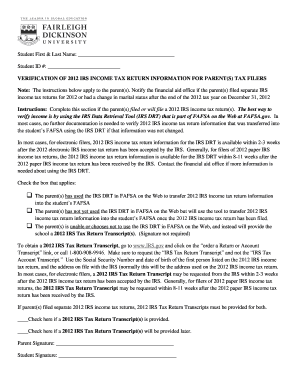 Verification of 2012 IRS Income Tax Return Information for Parents