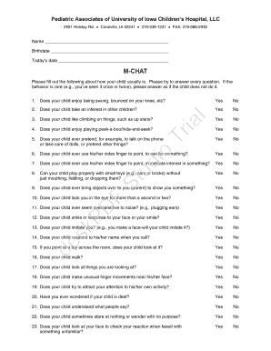 M-CHAT Pediatric Developmental Screening Form