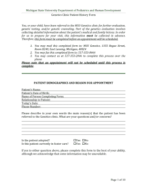 Michigan State University Genetics Clinic Patient History Form