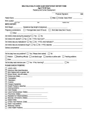 MSU Child Health Care Clinic New Patient History Form