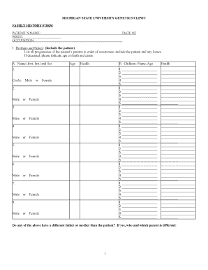 Michigan State University Genetics Clinic Family History Form