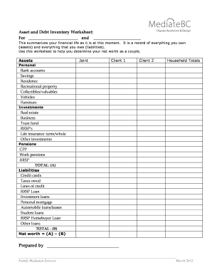 Asset and Debt Inventory Worksheet