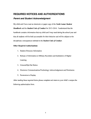 Parent and Student Handbook Acknowledgment Form